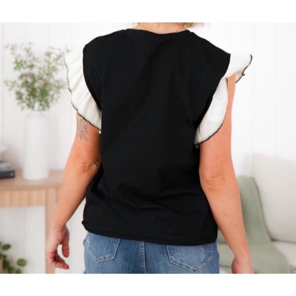 Like love short sleeve ruffle sleeve womens size small black ivory 100 cotton sm - Picture 2 of 7